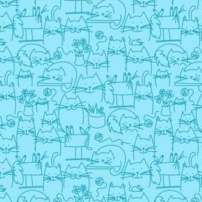 Ditsy Kitties  Blue/Blue Line Art