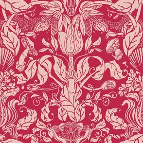 LIFE IS A VAST PROGRAM OF REPRODUCTION (flowers, plants and shells)_red magenta_victorian wallpaper 