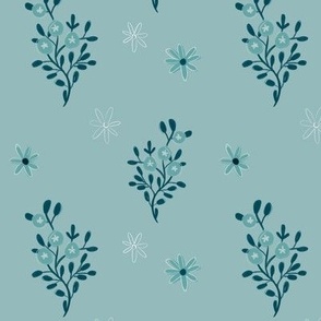 Light Turquoise Hand Drawn Florals - by Makewells for Wild Fields Collection