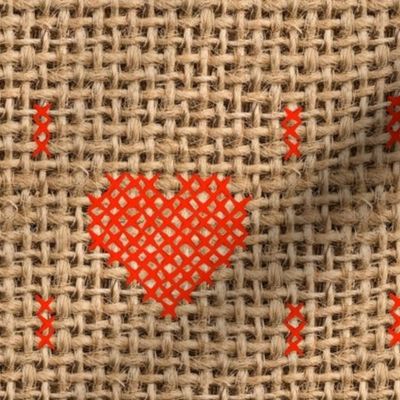 cross stitch hearts on burlap