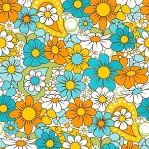 70s Funky Flower Field // Turquoise, Aqua, Orange, Yellow, Dark Brown, White // Tiny Scale - 1400 DPI