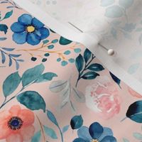 Watercolor Blue tone floral on pink