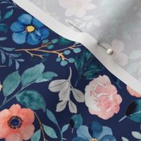 Watercolor Blue tone floral on Navy