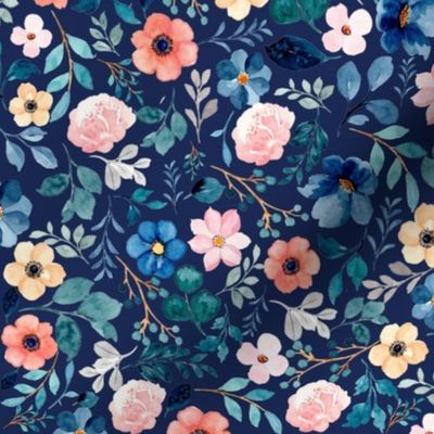 Watercolor Blue tone floral on Navy