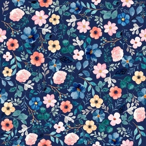 Watercolor Blue tone floral on Navy