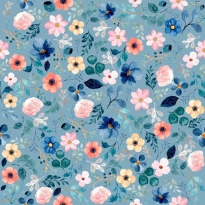 Watercolor Blue tone floral on Blue