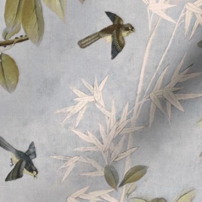 CHATEAU CHINOISERIE ON LIGHT BLUE WITH FABRIC TEXTURE AND YELLOW  FLOWERS