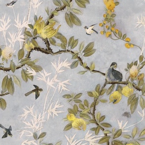 CHATEAU CHINOISERIE ON LIGHT BLUE WITH FABRIC TEXTURE AND YELLOW  FLOWERS