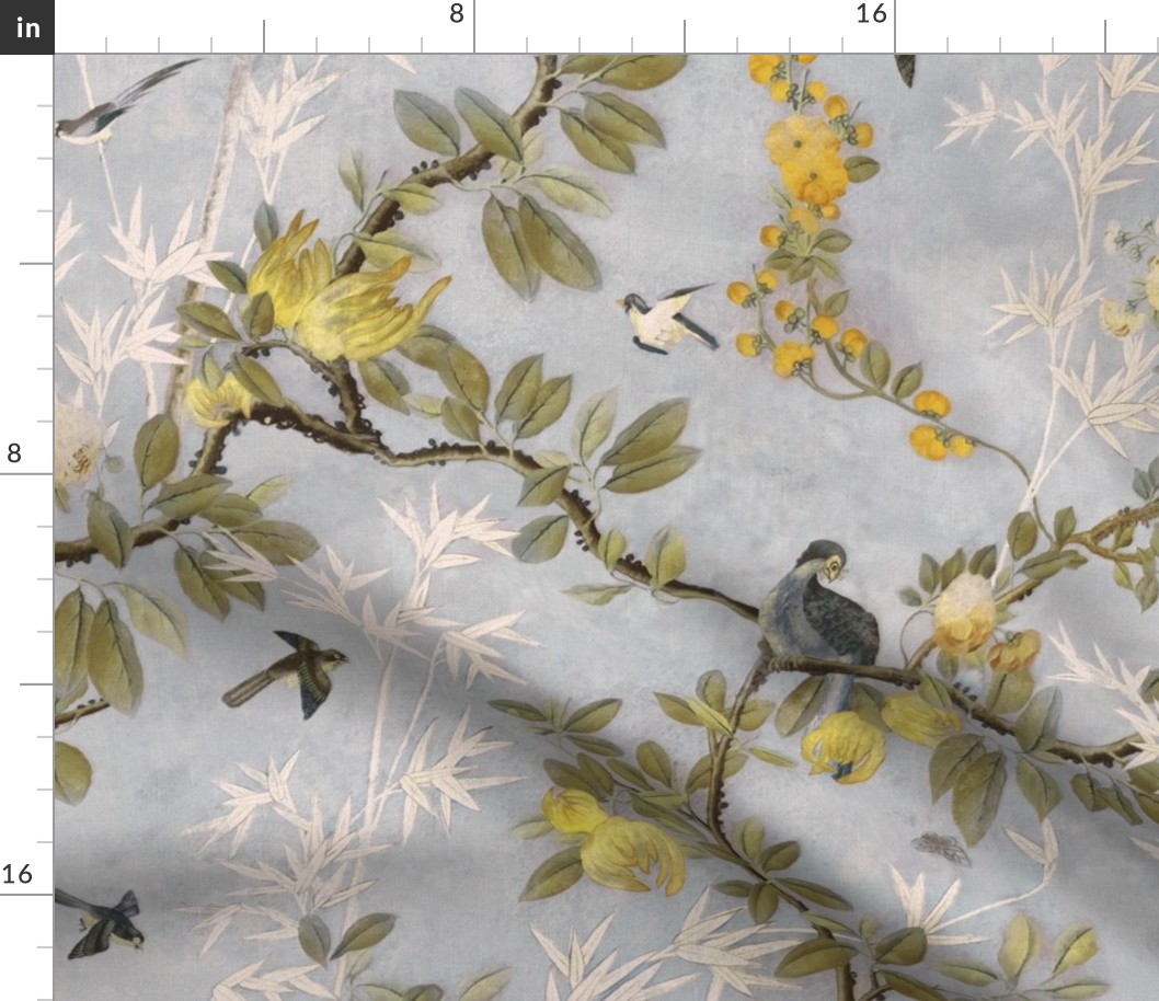 CHATEAU CHINOISERIE ON LIGHT BLUE WITH FABRIC TEXTURE AND YELLOW  FLOWERS