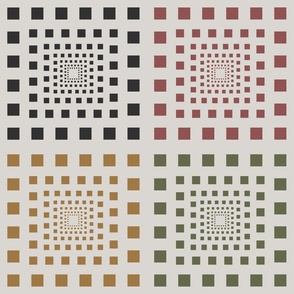 Receding Squares in charcoal, pink, mustard and green on an off-white background.