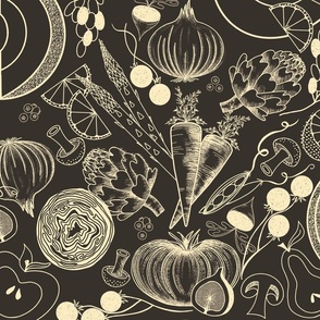 Vintage Veggies and Fruit Off White on Charcoal - Large Scale Half Drop Retro Kitchen Pattern