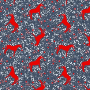 Horses and Candycanes Holiday Print, Indigo Blue and Cherry Red
