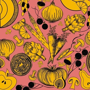 Vintage Veggies and Fruit Yellow and Black on Pink - Large Scale Half Drop Retro Kitchen Pattern