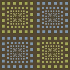 Receding Squares in yellow green, light blue and dark brown.