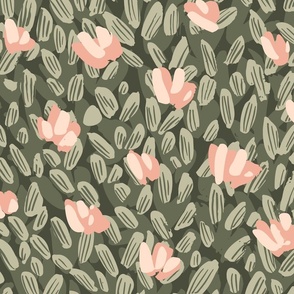 Abstract dense flower garden pattern - olive, sage green and pink // big scale