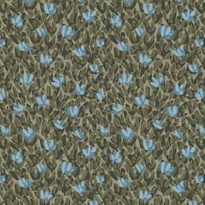 Abstract dense flower garden pattern - olive, dark green and blue // small scale