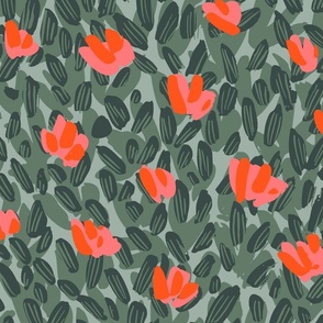 Abstract dense flower garden pattern - mint, sage green and neon orange // big scale