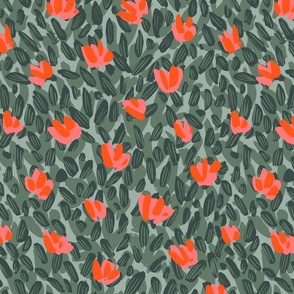 Abstract dense flower garden pattern - mint, sage green and neon orange // medium scale