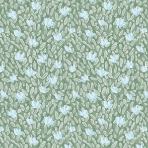 Abstract dense flower garden pattern - muted sage green and baby blue // small scale