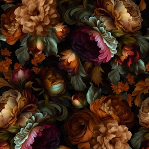 Baroque burgundy bold moody floral flower garden with english roses, bold peonies, lush antiqued flemish flowers