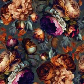 Baroque burgundy bold moody floral flower garden with english roses, bold peonies, lush antiqued  flemish flowers 