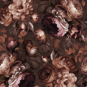 Baroque burgundy bold moody floral flower garden with english roses, bold peonies, lush antiqued flemish  flowers dark sepia 