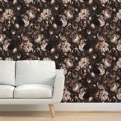 Baroque bold moody floral flower garden with english roses, bold peonies, lush antiqued flemish flowers dark sepia evening