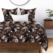 Baroque bold moody floral flower garden with english roses, bold peonies, lush antiqued flemish flowers dark sepia evening