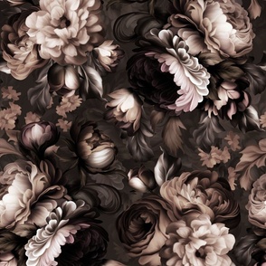 Baroque bold moody floral flower garden with english roses, bold peonies, lush antiqued flemish flowers dark sepia evening