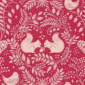 MEDIUM VIVA Folk | squirrels, birds, berries, botanicals | viva magenta 2023 and pale dogwood