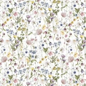 14" My favorite things - a summer wildflower  forget me not   meadow  - nostalgic Wildflowers and Herbs , Pollinators butterflies home decor, on white, Baby Girl and nursery fabric perfect for kidsroom wallpaper, kids room, kids decor 