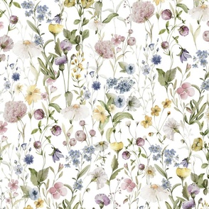 21" My favorite things - a summer wildflower  forget me not   meadow  - nostalgic Wildflowers and Herbs , Pollinators butterflies home decor, on white, Baby Girl and nursery fabric perfect for kidsroom wallpaper, kids flowers room, kids flower decor 