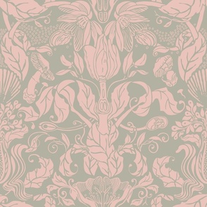 LIFE IS ALL ABOUT REPRODUCTION _pale dogwood and khaki_elegant arabesque for wallpaper/bedding. 