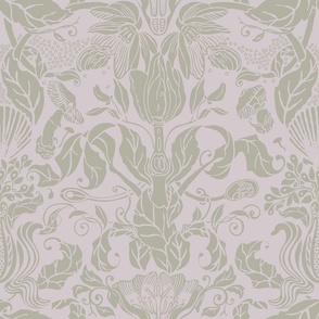 LIFE IS ALL ABOUT REPRODUCTION _Khaki/lilac_Botanical arabesque for wallpaper and bedding.