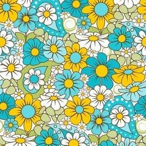 70s Funky Flower Field // Turquoise, Aqua, Yellow, Dark Brown, White // Tiny Scale - 1400 DPI