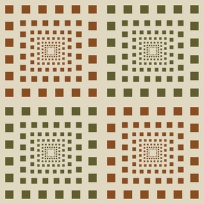 Receding Squares in green, and orange on a cream background.