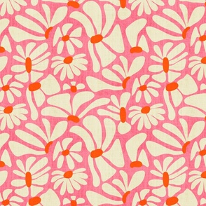 Retro Whimsy Daisy- Flower Power on Pink - Orange Eggshell Floral- Regular Scale