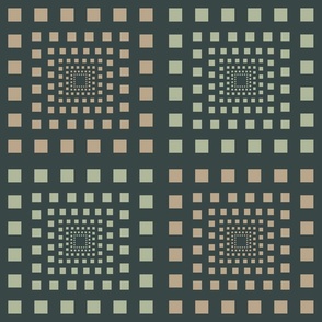 Receding Squares in light green and beige on a dark green background.