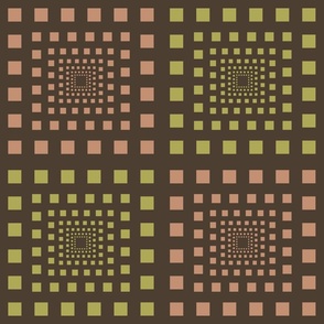 Receding Squares in peach and yellow green on a dark brown background.
