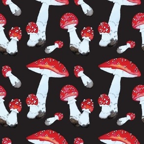 AMANITA MUSHROOMS on dark brown bg