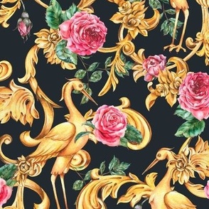 Gold crane and roses, baroque inspiration on black