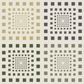 Receding Squares in yellow, plum, green and beige on a cream background.