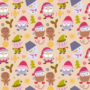 Christmas characters hand drawn seamless pattern.
