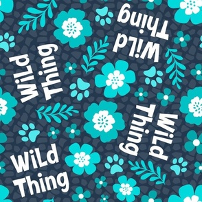 Large Scale Wild Thing Animal Paw Prints and Flowers Aqua Turquoise and Navy Blue