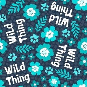 Medium Scale Wild Thing Animal Paw Prints and Flowers Aqua Turquoise and Navy Blue