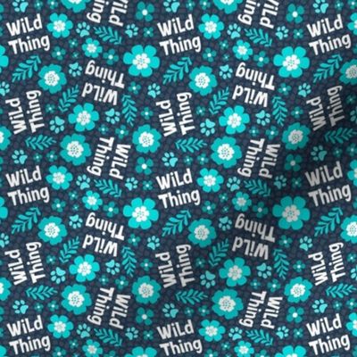 Small Scale Wild Thing Animal Paw Prints and Flowers Aqua Turquoise and Navy Blue