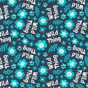 Small Scale Wild Thing Animal Paw Prints and Flowers Aqua Turquoise and Navy Blue