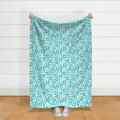 Large Scale Wild Thing Animal Paw Prints and Flowers Aqua Turquoise and Blue on White