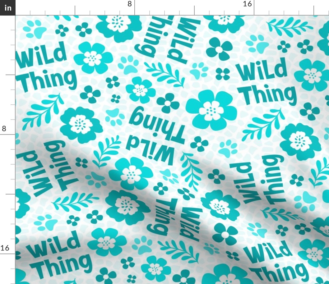 Large Scale Wild Thing Animal Paw Prints and Flowers Aqua Turquoise and Blue on White