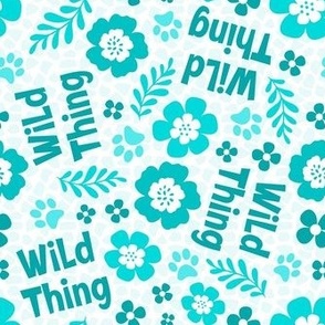 Medium Scale Wild Thing Animal Paw Prints and Flowers Aqua Turquoise and Blue on White